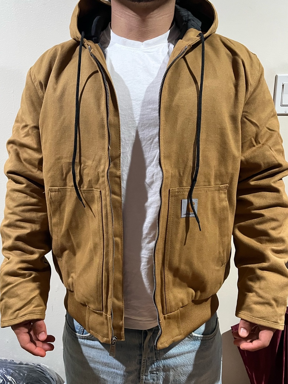 Carhartt Tan Hooded Work Jacket with Black Drawcords